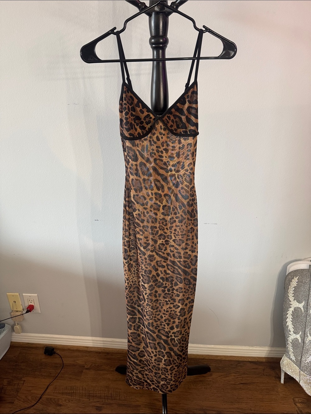 Leopard Print Slip Dress with Black Trim